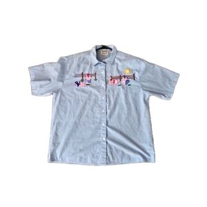 Vintage 90s Womens 2XL (20) Farm Animals Pig Stitched Chambray Button Shirt Blue